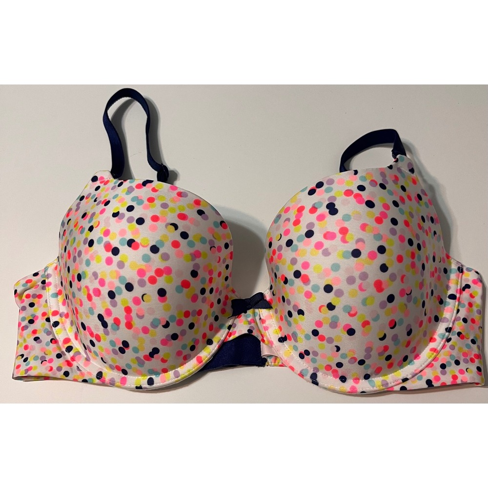Victorias Secret Demi Bra 36C White Multi Color Polka Dot Underwire Padded